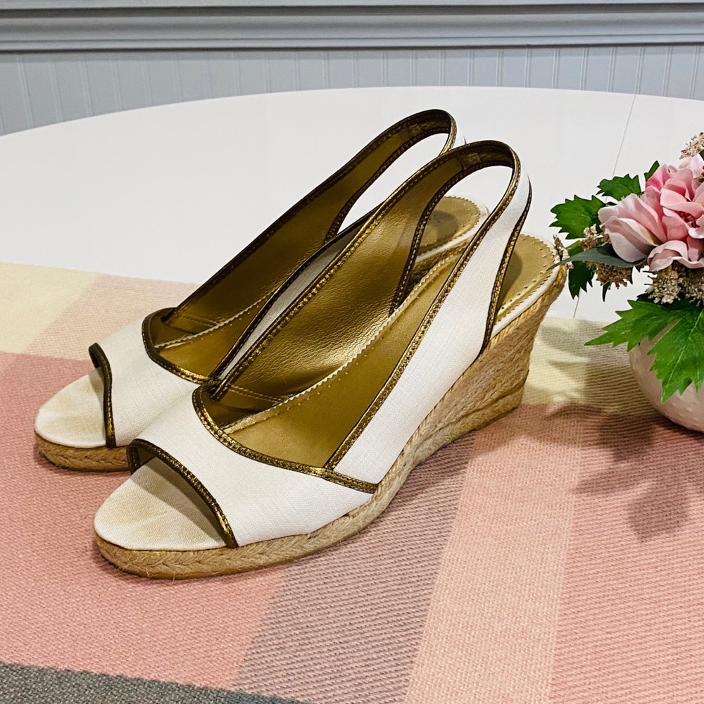 J. Crew Sling-back Wedge Espadrilles Beige & Gold